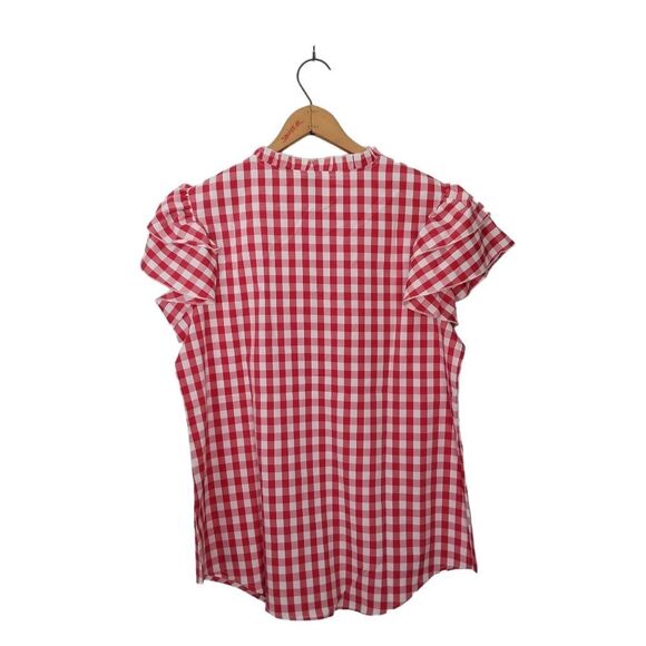 SHEIN Red Gingham Flutter Sleeve Frilled Neck Half Button Blouse NWOT XL 5 0286 - Picture 7 of 8